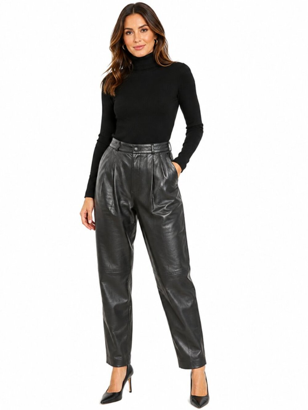 Vintage JH Collectibles Petites 100% Leather Black Pleated Taper Leg Pants Sz 12